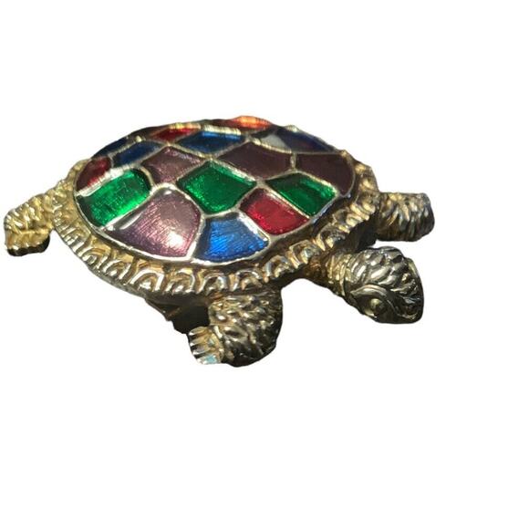 Turtle Brooch Multicolored Painted Shell Signed Pin 1995 BG Bergdorf Goodman - Picture 3 of 6